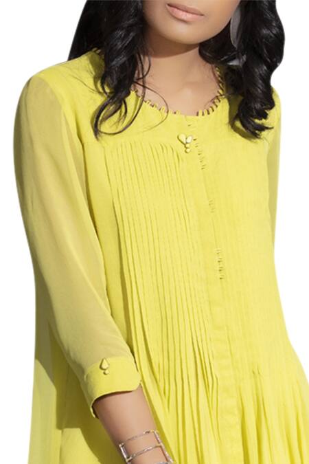 Buy_Ampm_Yellow Pintuck Flared Tunic_Online_at_Aza_Fashions