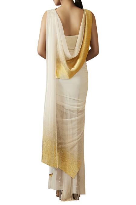 Shop_Tarun Tahiliani_Off White Pre-draped Saree With Corset _at_Aza_Fashions