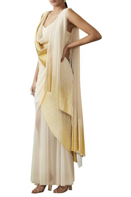 Buy_Tarun Tahiliani_Off White Pre-draped Saree With Corset _Online_at_Aza_Fashions