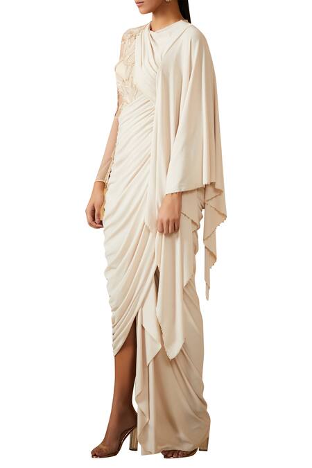 Buy_Tarun Tahiliani_Ivory Pre-draped Embroidered Saree Gown_Online_at_Aza_Fashions