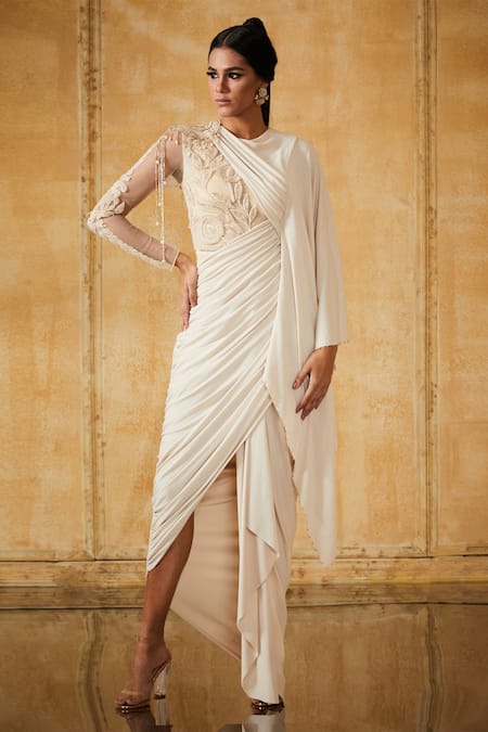 Tarun Tahiliani Ivory Pre-draped Embroidered Saree Gown