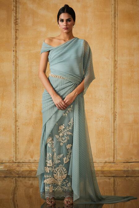 Tarun Tahiliani Green Pre-draped Embroidered Saree