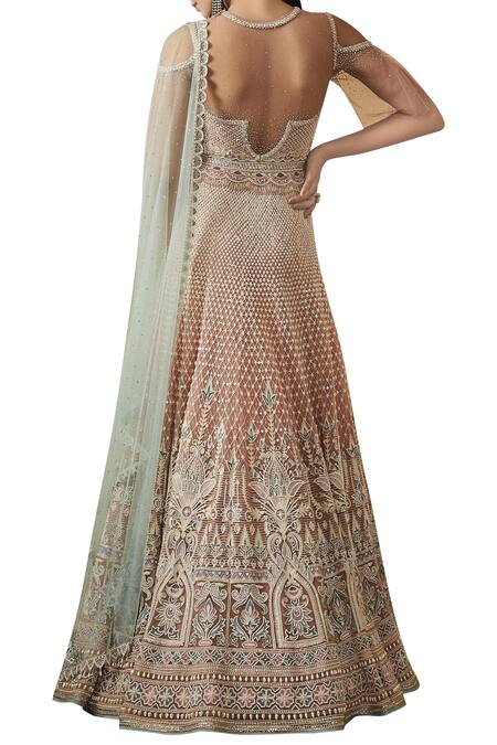 Shop Tarun Tahiliani Pink Cold Shoulder Anarkali Set at Aza Fashions Shop_Tarun Tahiliani_Pink Cold Shoulder Anarkali Set_at_Aza_Fashions