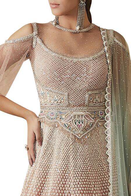 Shop Tarun Tahiliani Pink Cold Shoulder Anarkali Set Online at Aza Fashions Shop_Tarun Tahiliani_Pink Cold Shoulder Anarkali Set_Online_at_Aza_Fashions