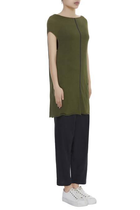 Kapda By Urvashi Kaur_Green Wide Neck Cotton Jersey Asymmetric Top_Online_at_Aza_Fashions