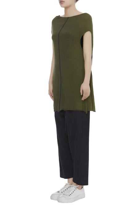 Buy_Kapda By Urvashi Kaur_Green Wide Neck Cotton Jersey Asymmetric Top_Online_at_Aza_Fashions