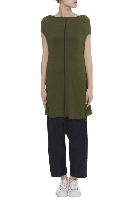Shop_Kapda By Urvashi Kaur_Green Wide Neck Cotton Jersey Asymmetric Top_Online_at_Aza_Fashions