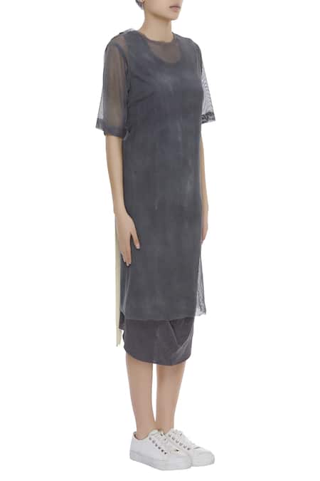 Kapda By Urvashi Kaur_Grey Round Long T-shirt Dress With Stripe Detail_Online_at_Aza_Fashions