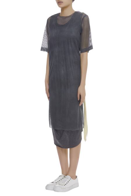 Buy_Kapda By Urvashi Kaur_Grey Round Long T-shirt Dress With Stripe Detail_Online_at_Aza_Fashions