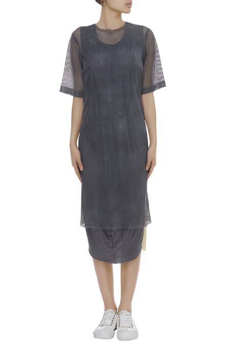 Shop_Kapda By Urvashi Kaur_Grey Round Long T-shirt Dress With Stripe Detail_Online_at_Aza_Fashions