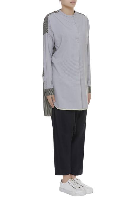 Kapda By Urvashi Kaur_Grey Round Cotton Asymmetric Shirt_Online_at_Aza_Fashions