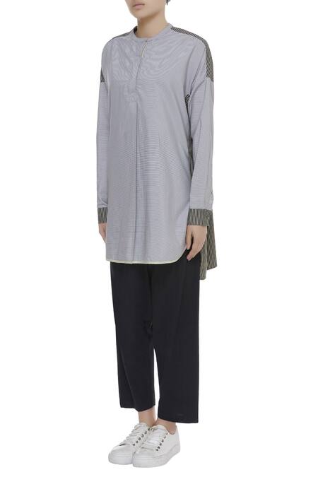 Buy_Kapda By Urvashi Kaur_Grey Round Cotton Asymmetric Shirt_Online_at_Aza_Fashions