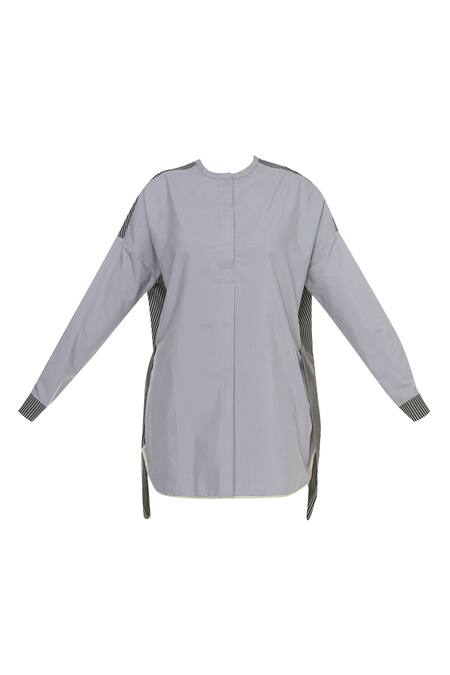 Shop_Kapda By Urvashi Kaur_Grey Round Cotton Asymmetric Shirt_Online_at_Aza_Fashions