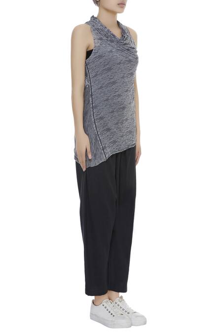 Kapda By Urvashi Kaur_Grey Cowl Neck Asymmetric Top _Online_at_Aza_Fashions