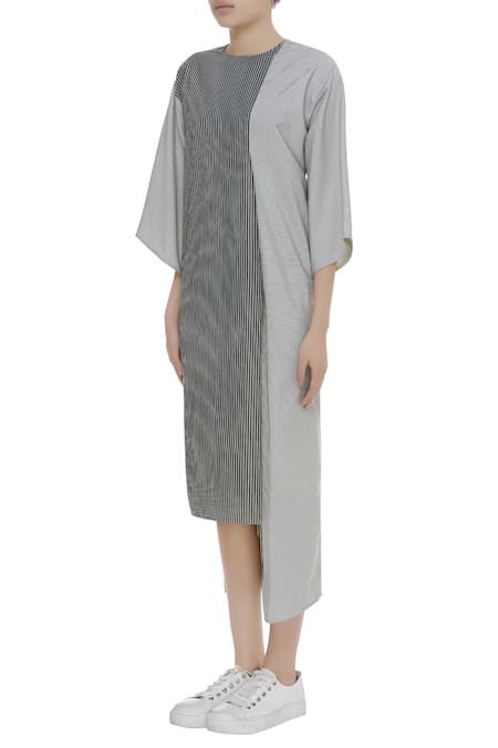 Buy_Kapda By Urvashi Kaur_Black Round Striped Midi Dress_Online_at_Aza_Fashions