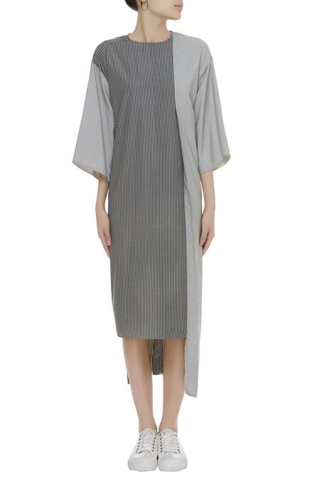 Shop_Kapda By Urvashi Kaur_Black Round Striped Midi Dress_Online_at_Aza_Fashions