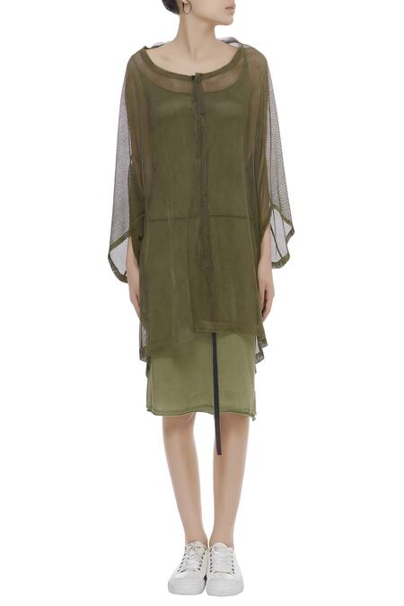 Shop_Kapda By Urvashi Kaur_Green Round Oversized Long Jacket_Online_at_Aza_Fashions