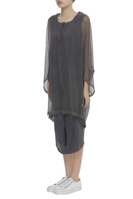 Buy_Kapda By Urvashi Kaur_Grey Round Oversized Long Jacket_Online_at_Aza_Fashions