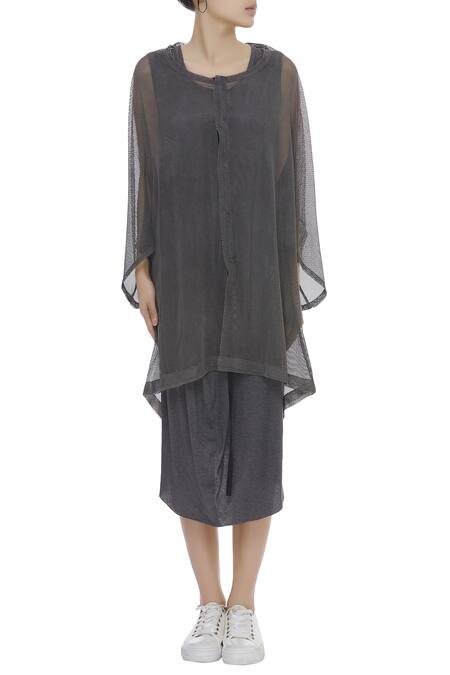 Shop_Kapda By Urvashi Kaur_Grey Round Oversized Long Jacket_Online_at_Aza_Fashions