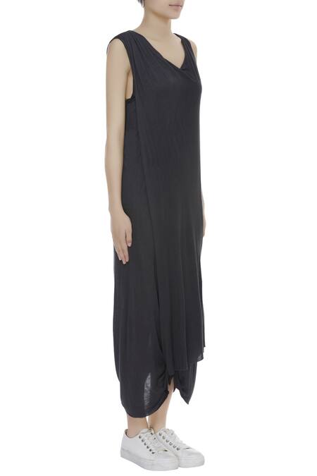 Kapda By Urvashi Kaur_Grey Draped Layered Dress_Online_at_Aza_Fashions