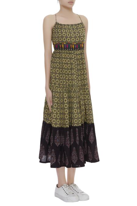 Sagaa By Vanita_Beige Ajrakh Print Midi Dress_Online_at_Aza_Fashions