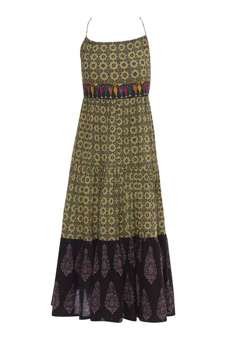Buy_Sagaa By Vanita_Beige Ajrakh Print Midi Dress_Online_at_Aza_Fashions
