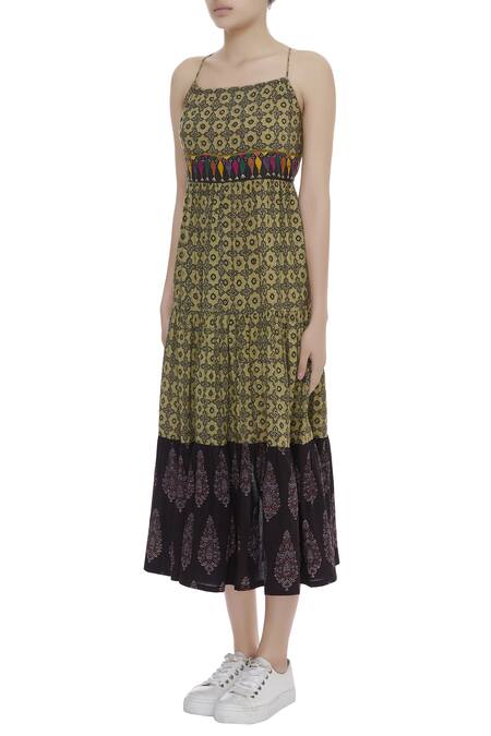 Shop_Sagaa By Vanita_Beige Ajrakh Print Midi Dress_Online_at_Aza_Fashions