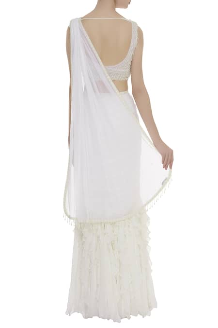 Shop_Arpan Vohra_White Georgette Leaf Neck Pre-draped Lehenga Saree With Blouse _at_Aza_Fashions