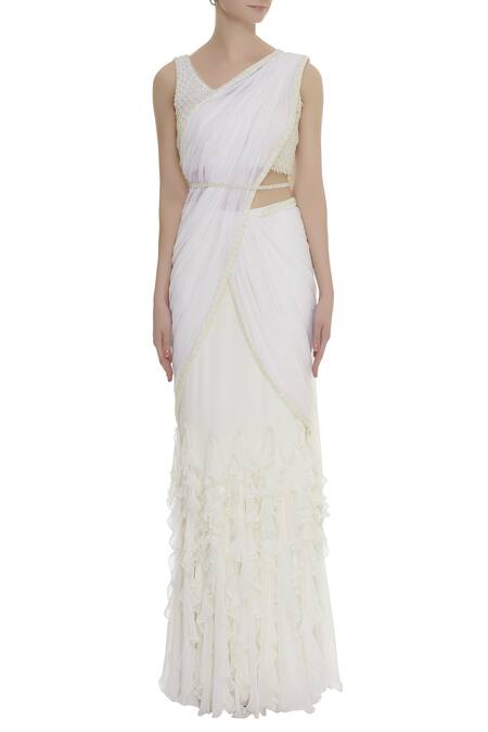 Arpan Vohra_White Georgette Leaf Neck Pre-draped Lehenga Saree With Blouse _Online_at_Aza_Fashions