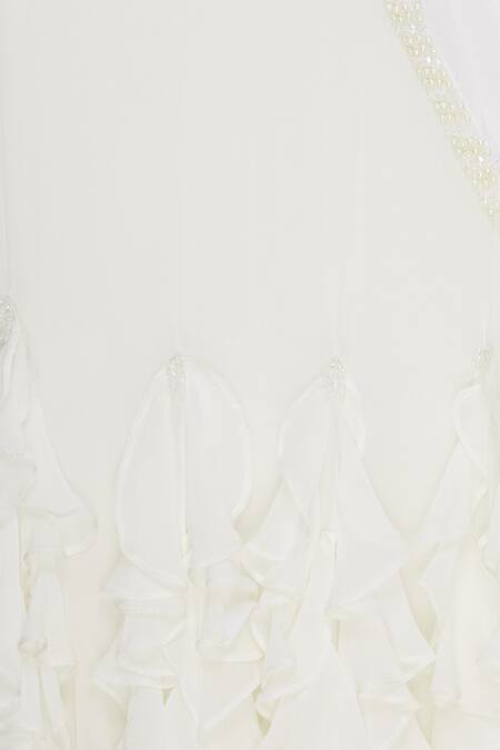 Arpan Vohra_White Georgette Leaf Neck Pre-draped Lehenga Saree With Blouse _at_Aza_Fashions