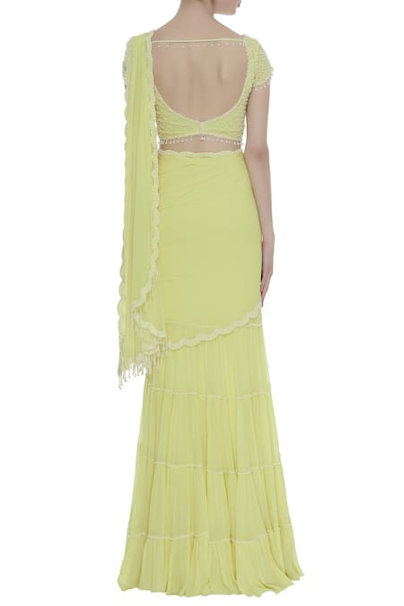 Shop_Arpan Vohra_Yellow Georgette Round Pre-draped Lehenga Saree With Blouse _at_Aza_Fashions