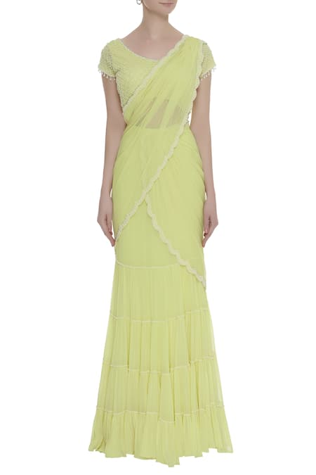 Arpan Vohra_Yellow Georgette Round Pre-draped Lehenga Saree With Blouse _Online_at_Aza_Fashions