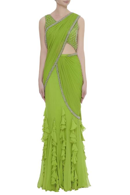 Arpan Vohra_Green Georgette Leaf Neck Pre-draped Lehenga Saree With Blouse _Online_at_Aza_Fashions