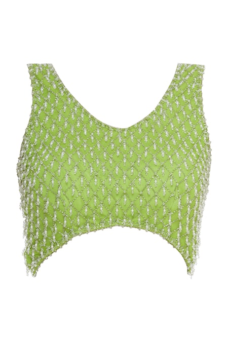 Buy_Arpan Vohra_Green Georgette Leaf Neck Pre-draped Lehenga Saree With Blouse _Online_at_Aza_Fashions