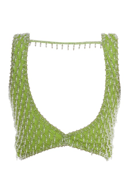 Shop_Arpan Vohra_Green Georgette Leaf Neck Pre-draped Lehenga Saree With Blouse _Online_at_Aza_Fashions