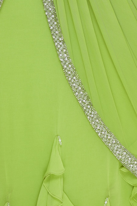 Arpan Vohra_Green Georgette Leaf Neck Pre-draped Lehenga Saree With Blouse _at_Aza_Fashions