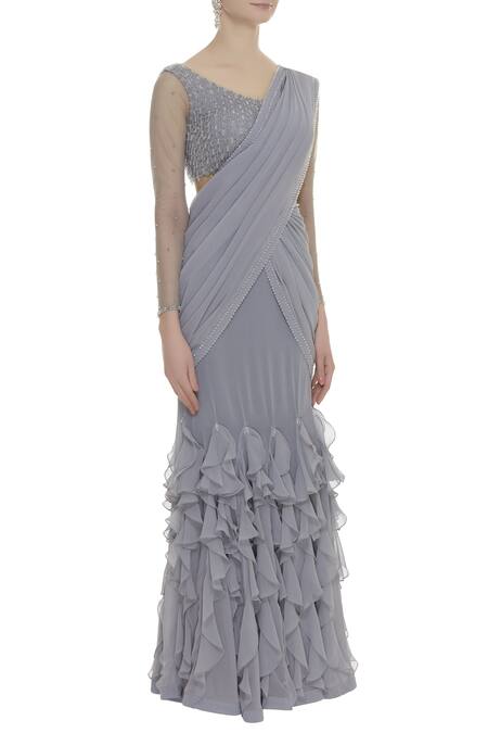 Arpan Vohra Grey Georgette Round Pre-draped Lehenga Saree With Blouse Online at Aza Fashions Arpan Vohra_Grey Georgette Round Pre-draped Lehenga Saree With Blouse _Online_at_Aza_Fashions