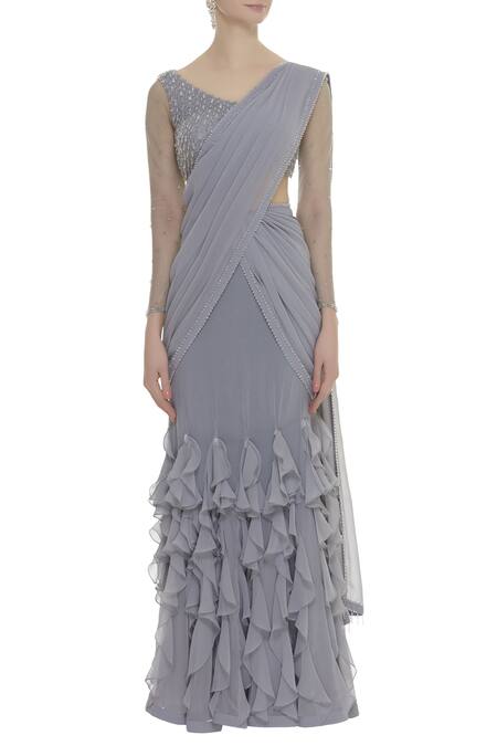 Shop Arpan Vohra Grey Georgette Round Pre-draped Lehenga Saree With Blouse Online at Aza Fashions Shop_Arpan Vohra_Grey Georgette Round Pre-draped Lehenga Saree With Blouse _Online_at_Aza_Fashions