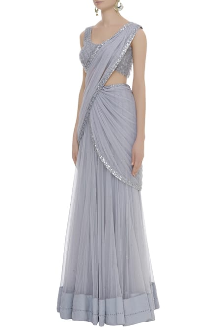 Arpan Vohra_Grey Tulle Round Pre-stitched Lehenga Saree With Blouse _Online_at_Aza_Fashions
