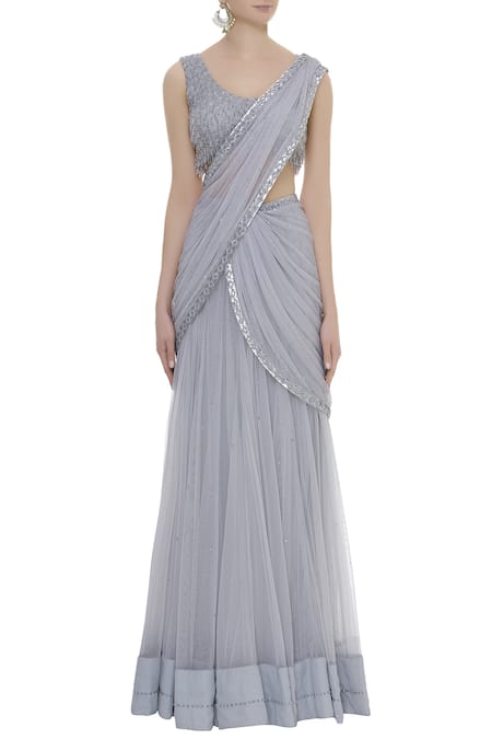 Buy_Arpan Vohra_Grey Tulle Round Pre-stitched Lehenga Saree With Blouse _Online_at_Aza_Fashions