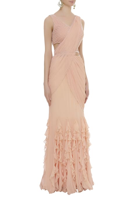 Arpan Vohra_Peach Georgette V Neck Embellished Saree Gown  _Online_at_Aza_Fashions
