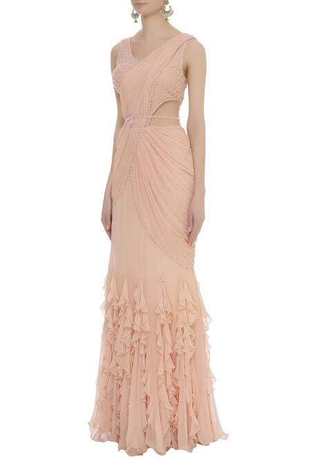 Buy_Arpan Vohra_Peach Georgette V Neck Embellished Saree Gown  _Online_at_Aza_Fashions