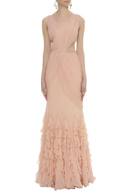 Shop_Arpan Vohra_Peach Georgette V Neck Embellished Saree Gown  _Online_at_Aza_Fashions