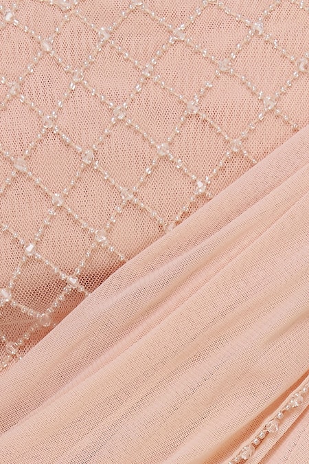 Arpan Vohra_Peach Georgette V Neck Embellished Saree Gown  _at_Aza_Fashions