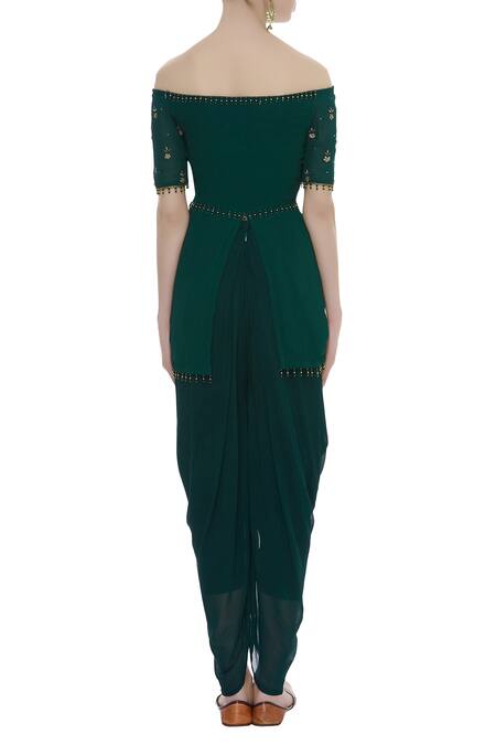 Shop Arpan Vohra Green Georgette Bardot Embroidered Kurta And Dhoti Pant Set at Aza Fashions Shop_Arpan Vohra_Green Georgette Bardot Embroidered Kurta And Dhoti Pant Set _at_Aza_Fashions