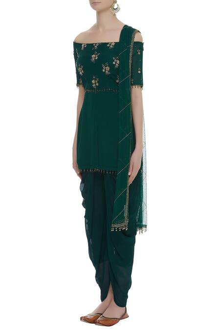 Arpan Vohra Green Georgette Bardot Embroidered Kurta And Dhoti Pant Set Online at Aza Fashions Arpan Vohra_Green Georgette Bardot Embroidered Kurta And Dhoti Pant Set _Online_at_Aza_Fashions