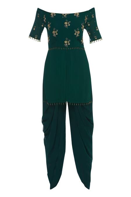Buy Arpan Vohra Green Georgette Bardot Embroidered Kurta And Dhoti Pant Set Online at Aza Fashions Buy_Arpan Vohra_Green Georgette Bardot Embroidered Kurta And Dhoti Pant Set _Online_at_Aza_Fashions