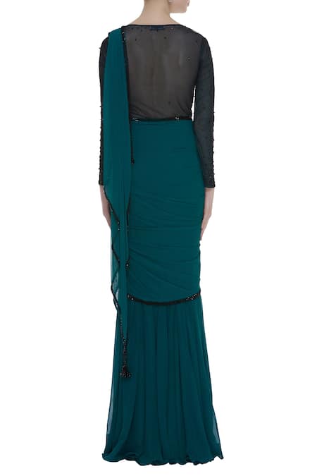 Shop_ARPAN VOHRA_Blue Georgette Round Embellished Saree Gown  _at_Aza_Fashions