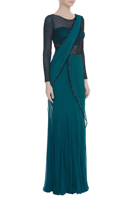 ARPAN VOHRA_Blue Georgette Round Embellished Saree Gown  _Online_at_Aza_Fashions
