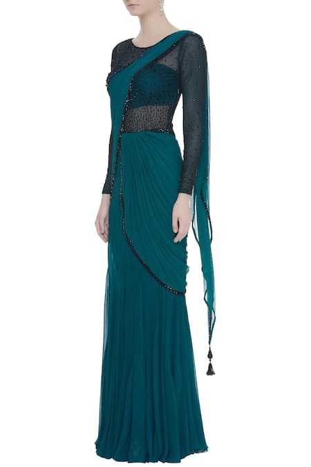 Buy_ARPAN VOHRA_Blue Georgette Round Embellished Saree Gown  _Online_at_Aza_Fashions